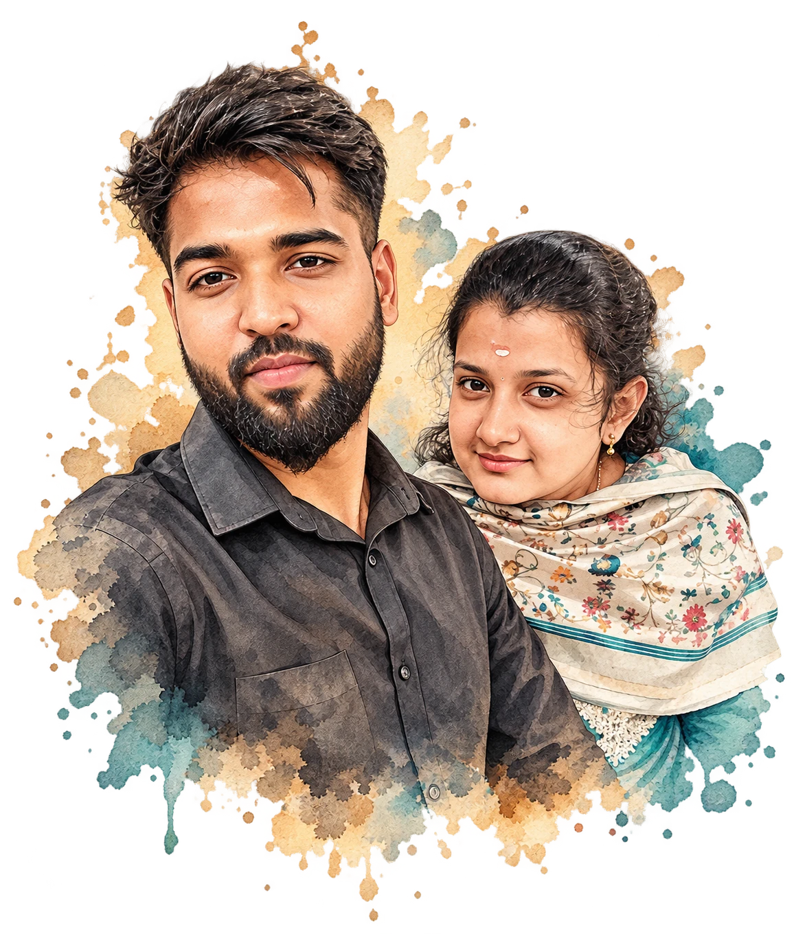 A watercolor portrait of Rajavel and Nivethidha together